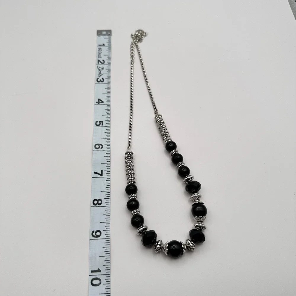 Vintage 90s Black Beaded Silver Tone Necklace Boho Classic Fashion Jewelry Boho